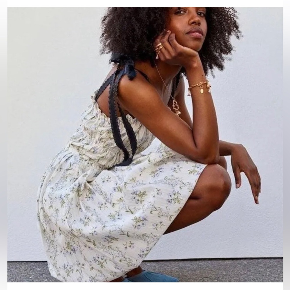 🎀 Brock Collection x H&M CONSCIOUS Cream Floral Black Ribbon Midi Dress